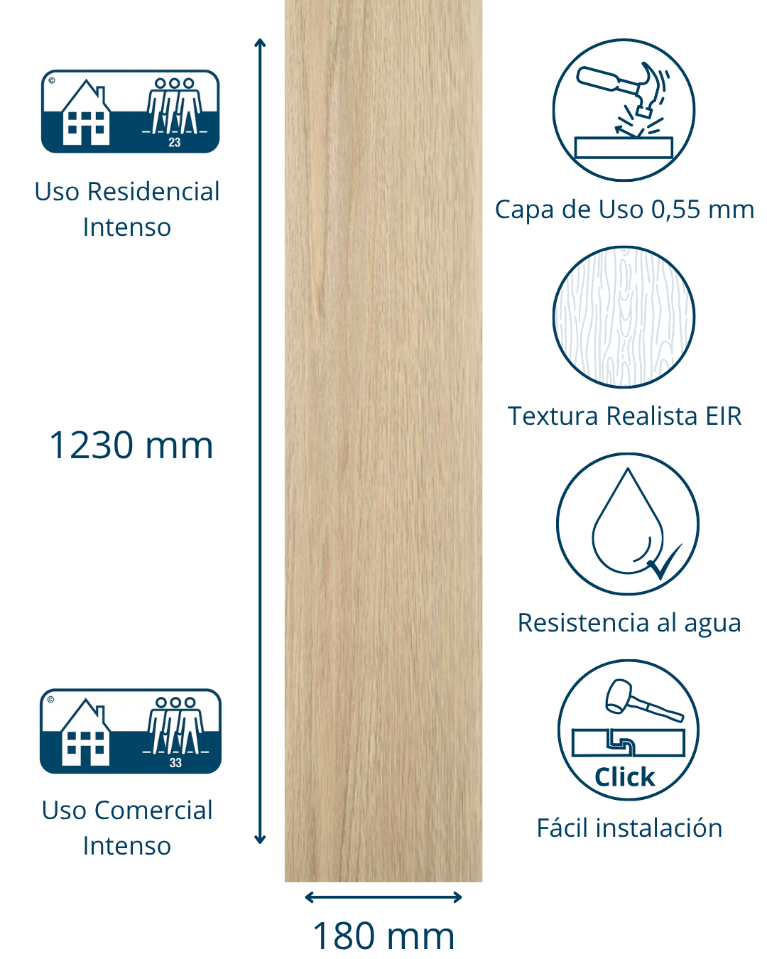 Medidas y características del suelo vinílico SPC diseño roble duna de Isovex.