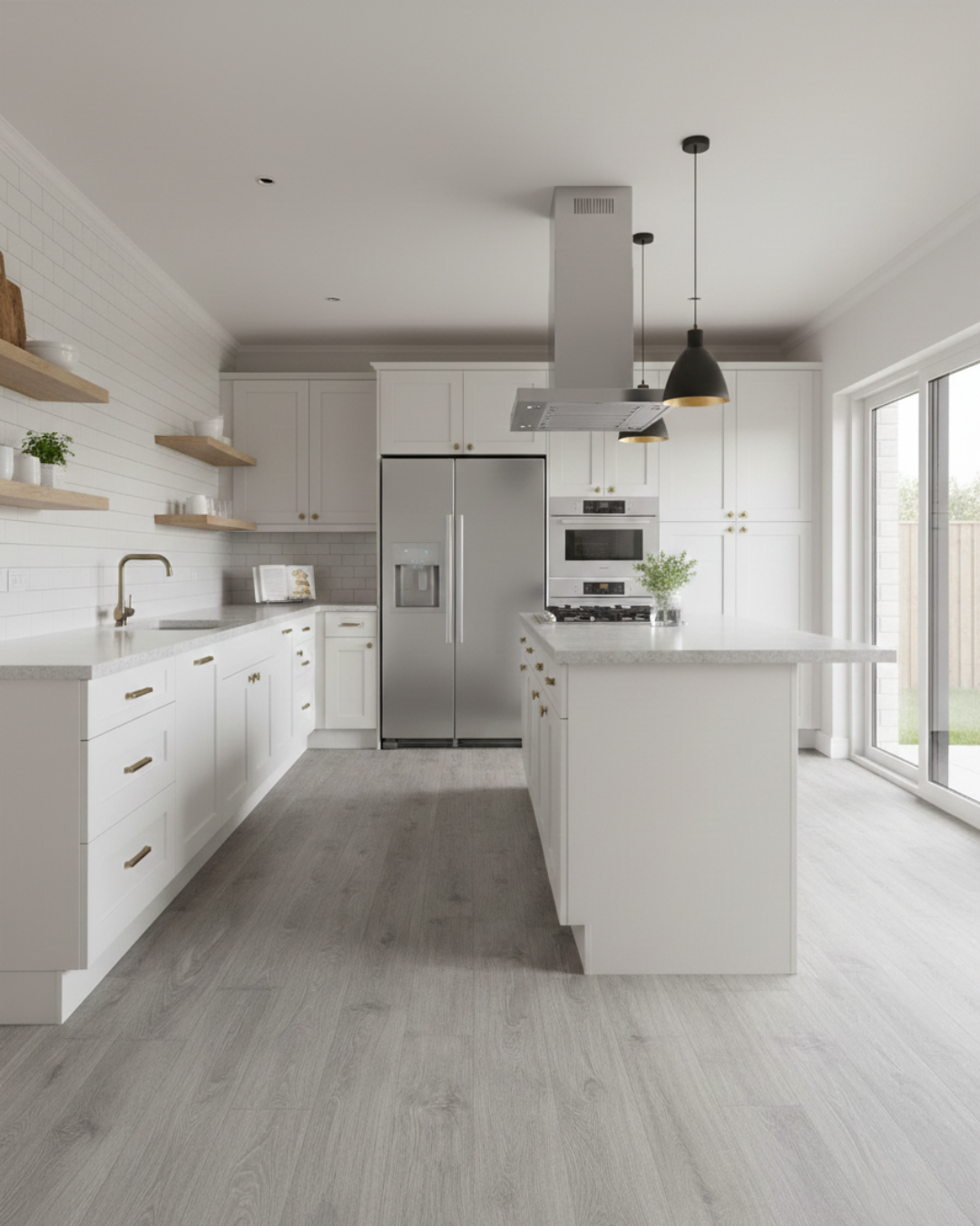 Suelo vinílico SPC Gris Perla instalado en cocina moderna, destacando su resistencia a manchas y la perfecta combinación con muebles de cocina blancos.